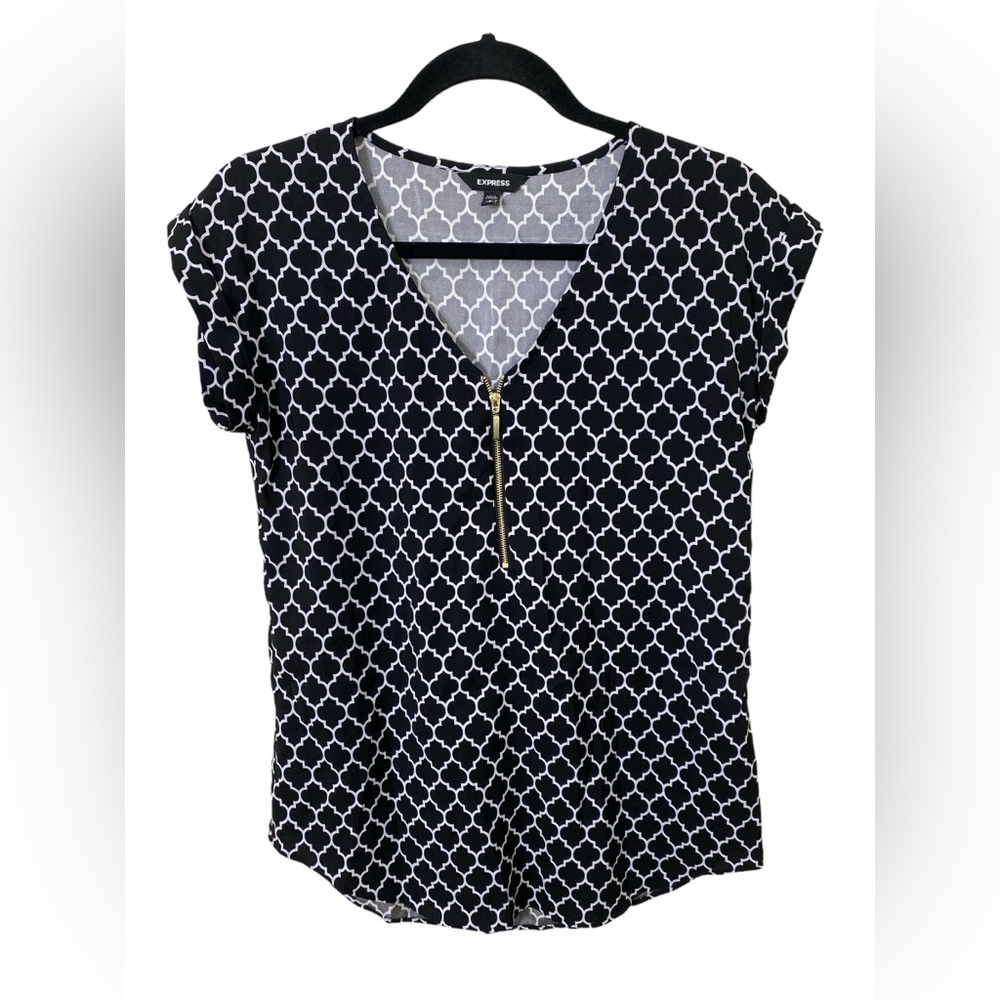 Express Black Printed Satin Short Sleeve 1/2 Zip Career Work Blouse Office